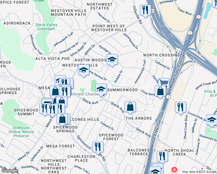 map of restaurants, bars, coffee shops, grocery stores, and more near 8309 Bradford Edward Cove in Austin