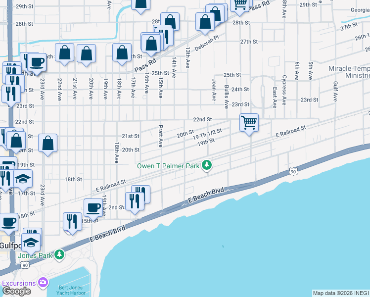 map of restaurants, bars, coffee shops, grocery stores, and more near 1498 19th Street in Gulfport