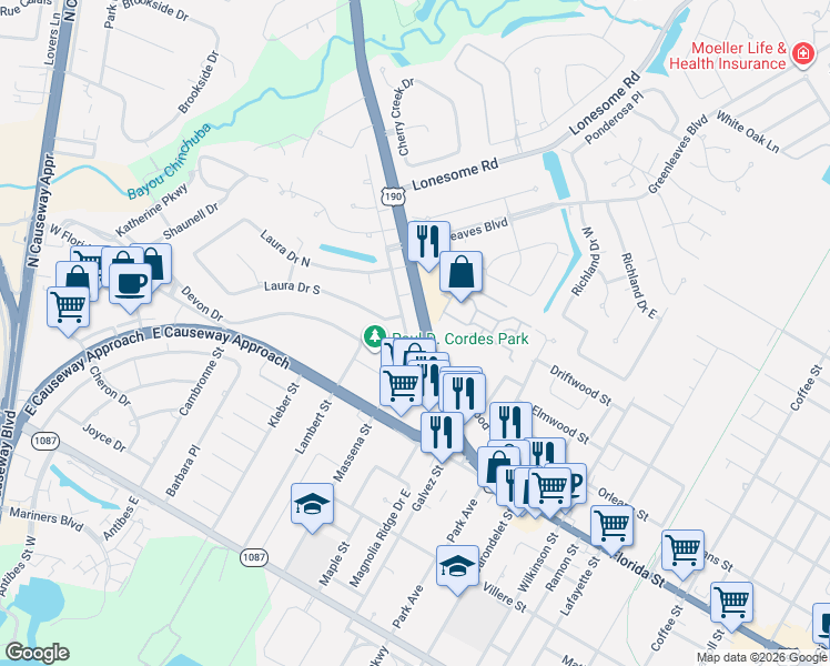 map of restaurants, bars, coffee shops, grocery stores, and more near 1901 U.S. Highway 190 in Mandeville