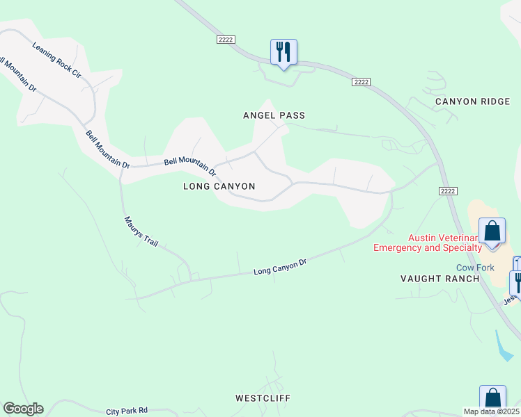 map of restaurants, bars, coffee shops, grocery stores, and more near 8421 Bell Mountain Drive in Austin