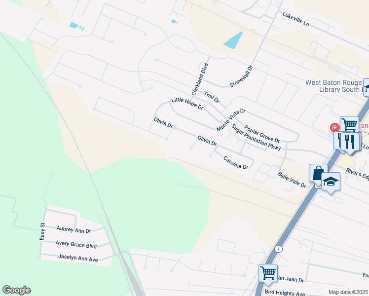 map of restaurants, bars, coffee shops, grocery stores, and more near 6774 Virginia Drive in Addis