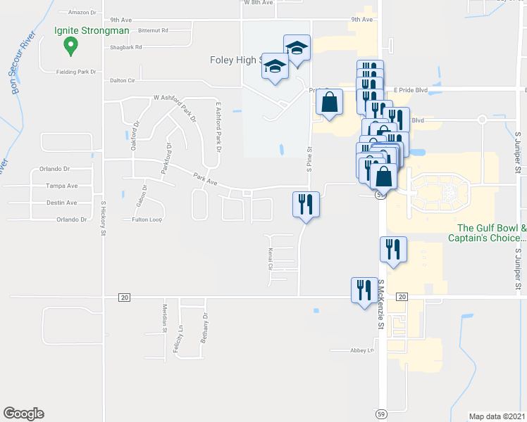 map of restaurants, bars, coffee shops, grocery stores, and more near 400 Park Avenue in Foley
