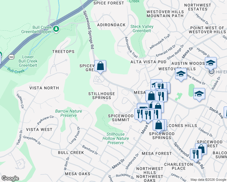 map of restaurants, bars, coffee shops, grocery stores, and more near 4701 Spicewood Springs Road in Austin