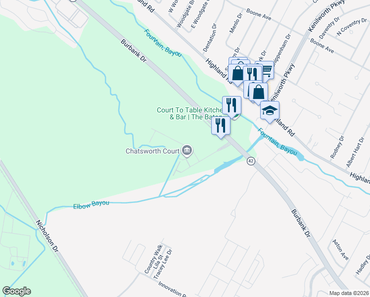 map of restaurants, bars, coffee shops, grocery stores, and more near 888 South Kenilworth Parkway in Baton Rouge