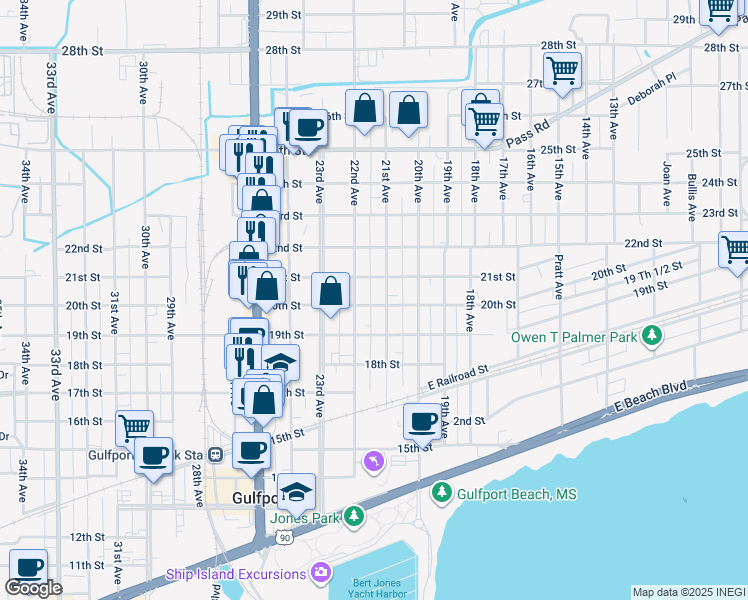map of restaurants, bars, coffee shops, grocery stores, and more near 2110 20th Street in Gulfport