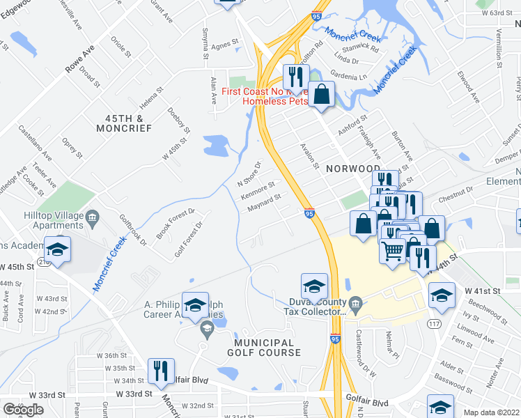 map of restaurants, bars, coffee shops, grocery stores, and more near 1230 Maynard Street in Jacksonville