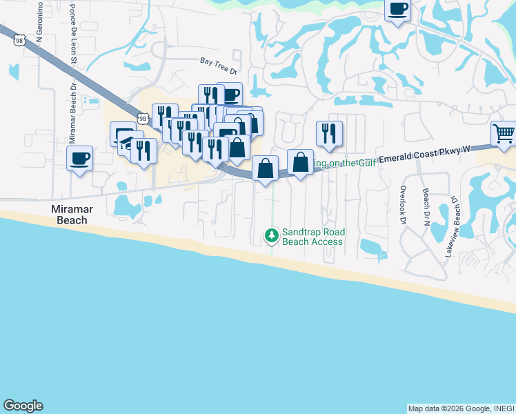 map of restaurants, bars, coffee shops, grocery stores, and more near 114 Main Sail Drive in Miramar Beach