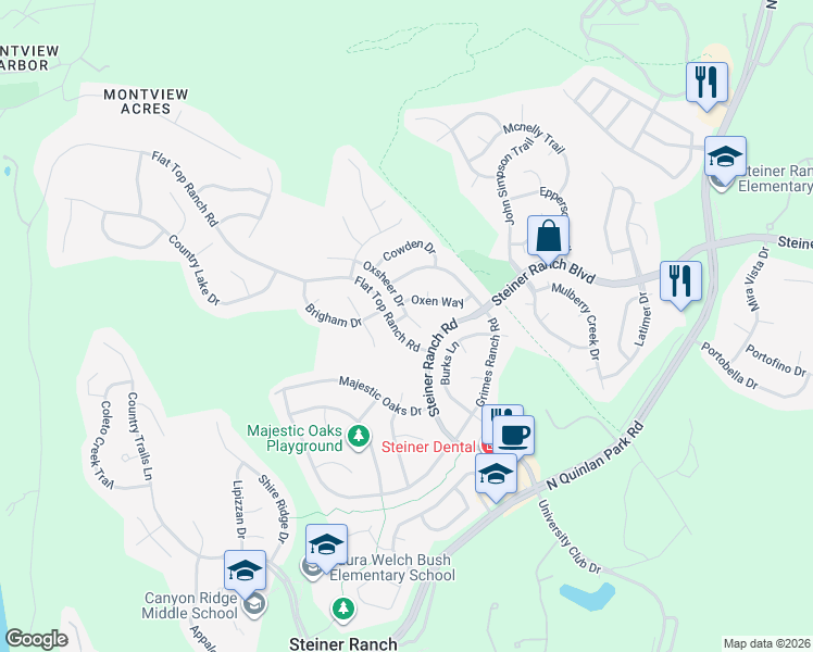 map of restaurants, bars, coffee shops, grocery stores, and more near 3212 Oxsheer Drive in Austin