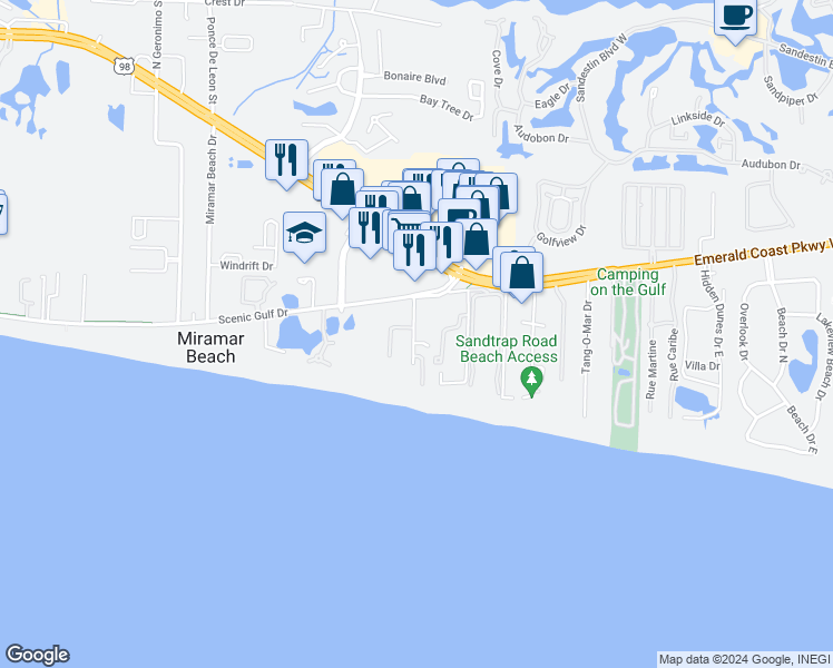 map of restaurants, bars, coffee shops, grocery stores, and more near 67 Norwood Drive in Miramar Beach