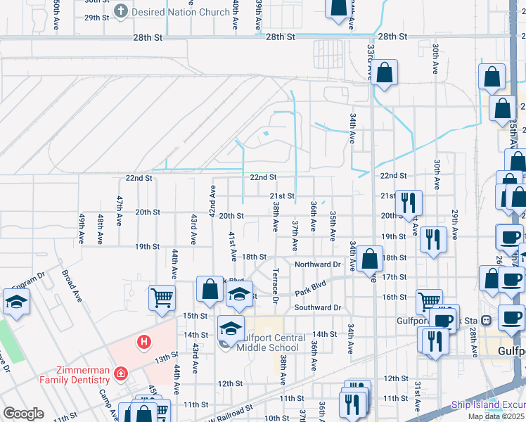 map of restaurants, bars, coffee shops, grocery stores, and more near 3939 21st Street in Gulfport