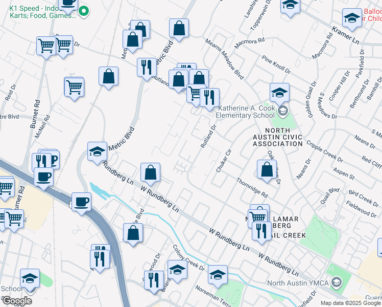 map of restaurants, bars, coffee shops, grocery stores, and more near 1711 Rutland Drive in Austin