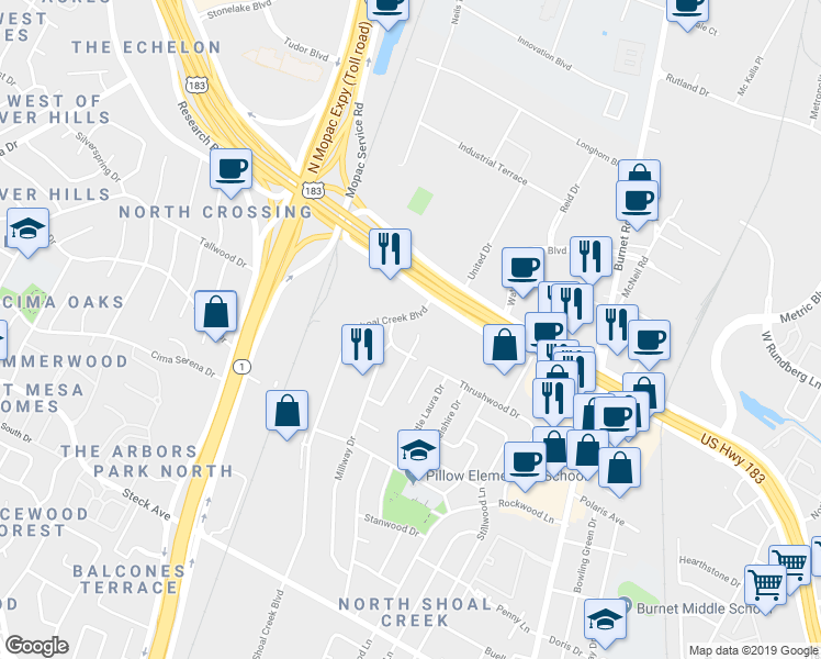 map of restaurants, bars, coffee shops, grocery stores, and more near 3210 Mossrock Drive in Austin