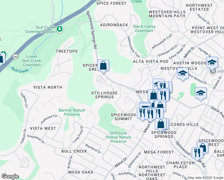map of restaurants, bars, coffee shops, grocery stores, and more near 4701 Spicewood Springs Road in Austin