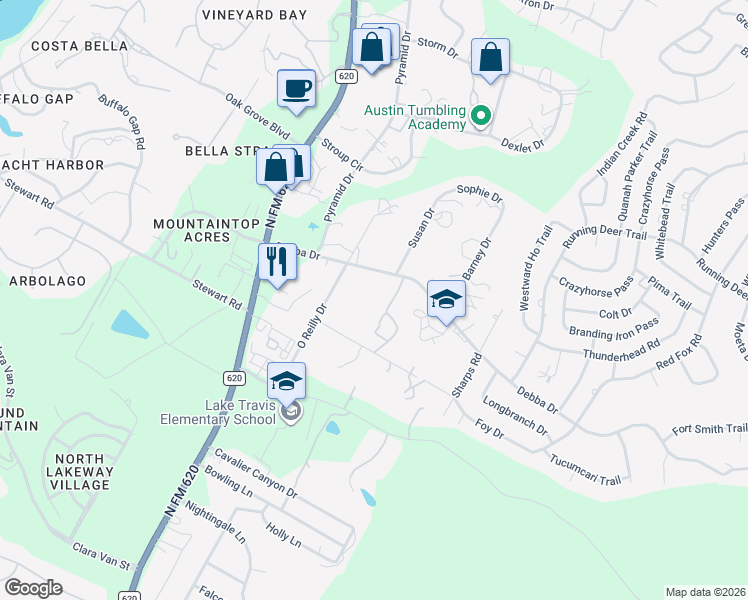map of restaurants, bars, coffee shops, grocery stores, and more near 15301 Debba Drive in Austin
