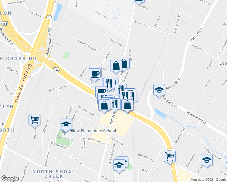 map of restaurants, bars, coffee shops, grocery stores, and more near 9100 Burnet Road in Austin