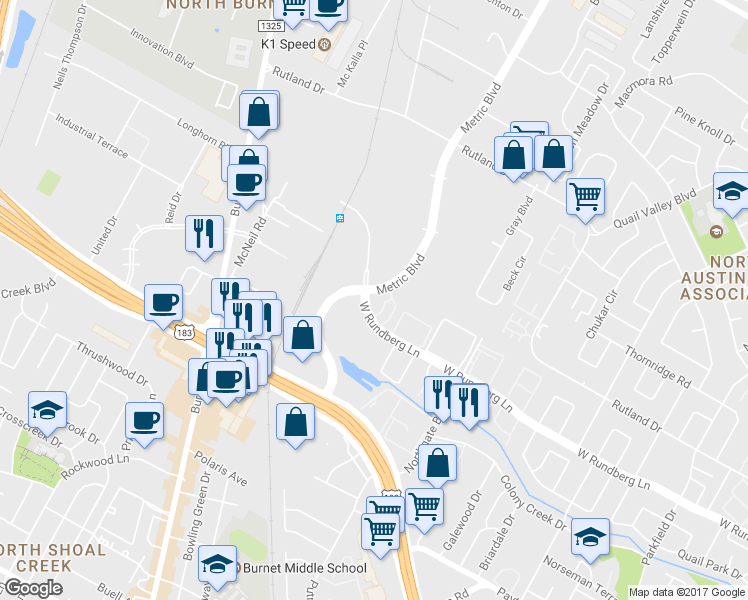 map of restaurants, bars, coffee shops, grocery stores, and more near 9413 Metric Boulevard in Austin