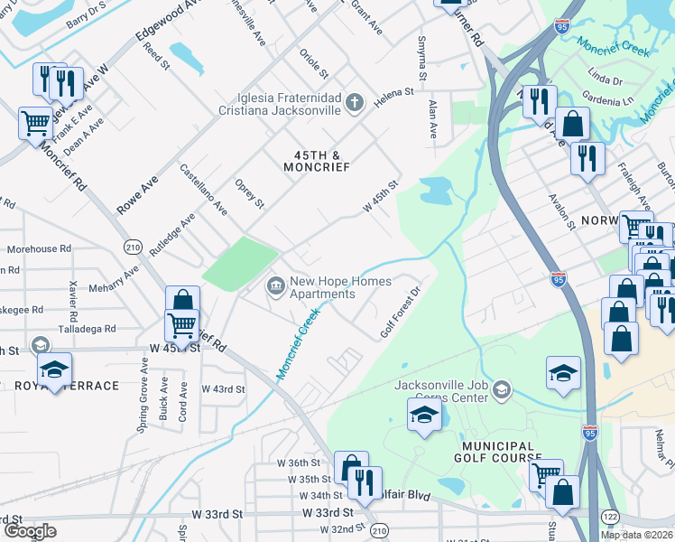 map of restaurants, bars, coffee shops, grocery stores, and more near 5501 Golfbrook Drive in Jacksonville