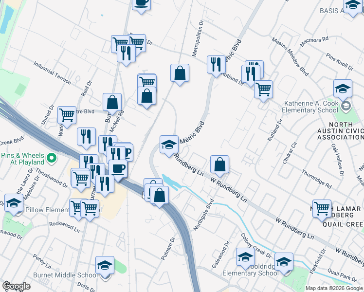 map of restaurants, bars, coffee shops, grocery stores, and more near 9413 Metric Boulevard in Austin
