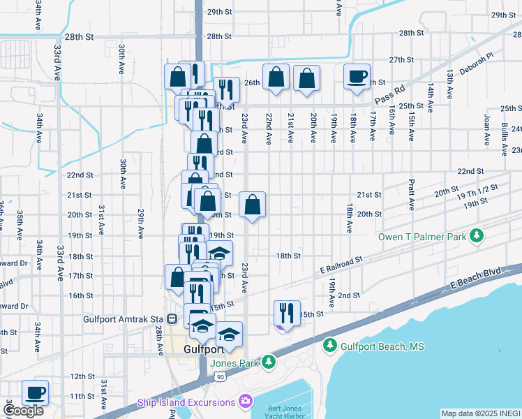 map of restaurants, bars, coffee shops, grocery stores, and more near 2216 20th Street in Gulfport