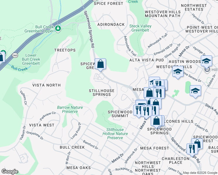 map of restaurants, bars, coffee shops, grocery stores, and more near 4701 Spicewood Springs Road in Austin