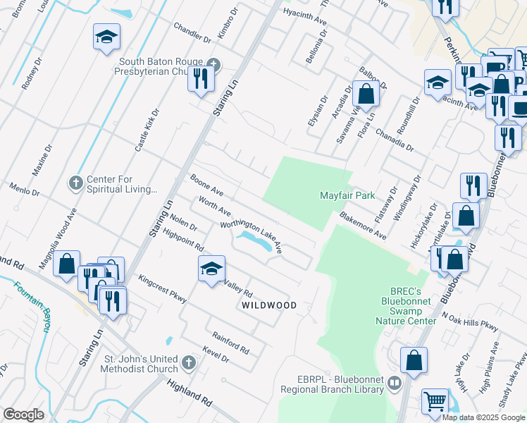 map of restaurants, bars, coffee shops, grocery stores, and more near 9227 Boone Avenue in Baton Rouge