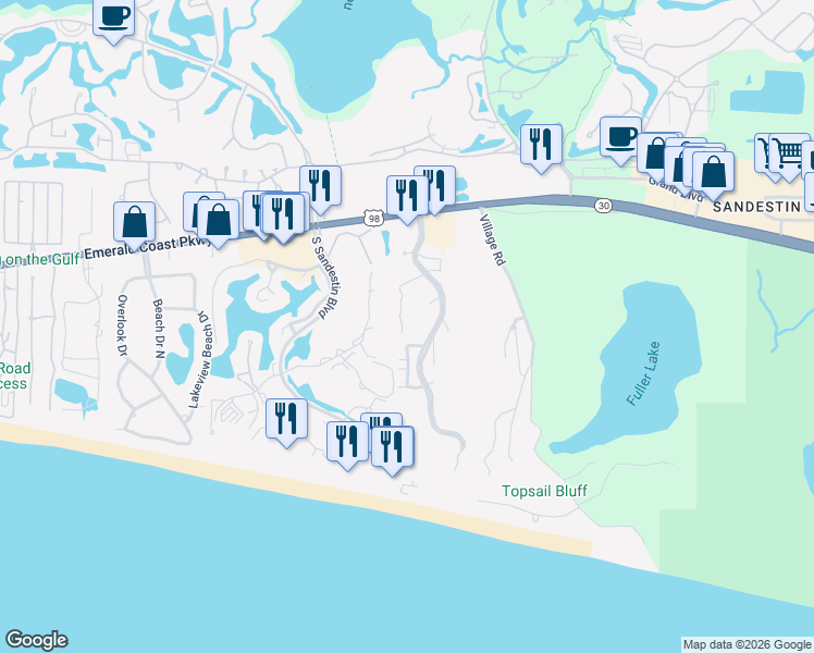 map of restaurants, bars, coffee shops, grocery stores, and more near 47 Forest Hills Lane in Miramar Beach