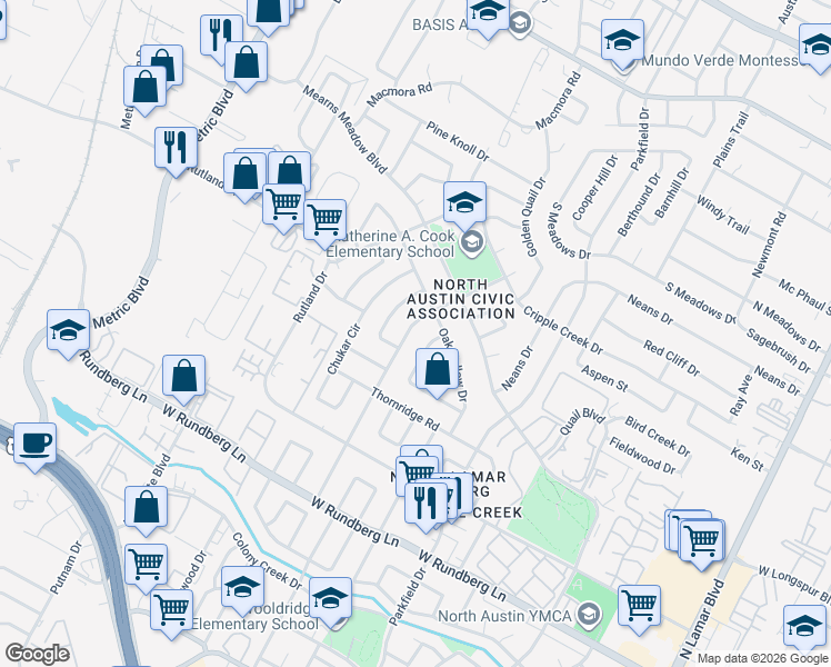 map of restaurants, bars, coffee shops, grocery stores, and more near 9807 Mountain Quail Road in Austin