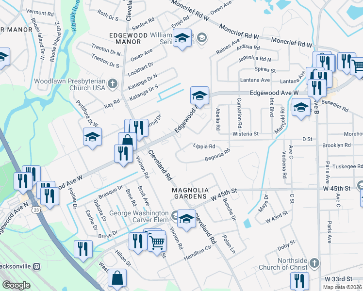 map of restaurants, bars, coffee shops, grocery stores, and more near 2929 Lippia Road in Jacksonville