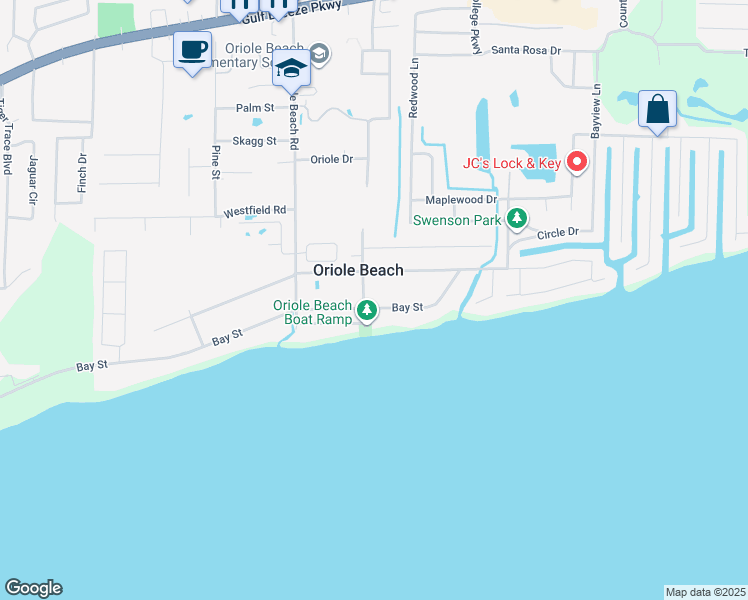 map of restaurants, bars, coffee shops, grocery stores, and more near 3160 Bay Street in Gulf Breeze