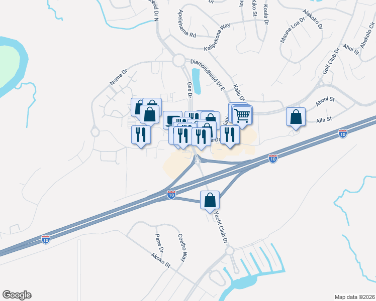 map of restaurants, bars, coffee shops, grocery stores, and more near 107 Live Oak Drive in Diamondhead
