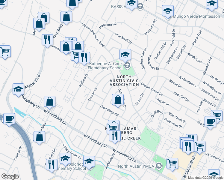 map of restaurants, bars, coffee shops, grocery stores, and more near 9807 Mountain Quail Road in Austin