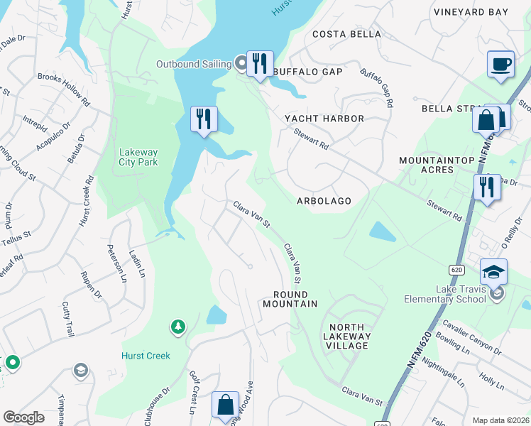 map of restaurants, bars, coffee shops, grocery stores, and more near 16146 Clara Van Street in Austin