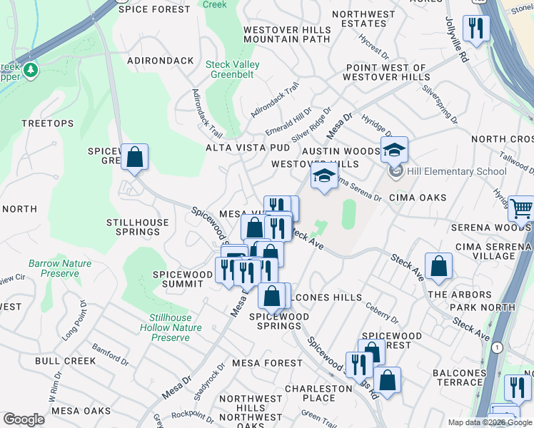map of restaurants, bars, coffee shops, grocery stores, and more near 4121 Steck Avenue in Austin