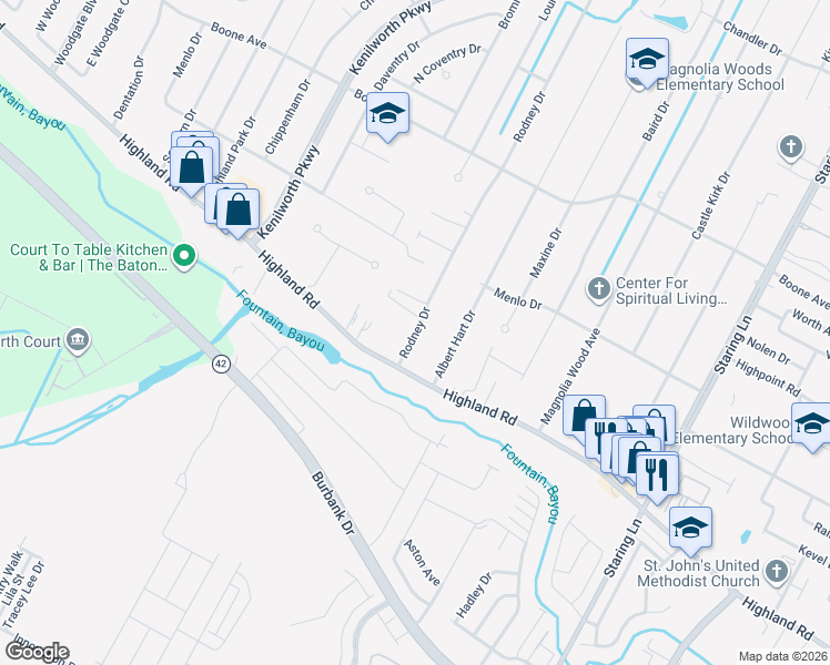 map of restaurants, bars, coffee shops, grocery stores, and more near 163 Rodney Drive in Baton Rouge