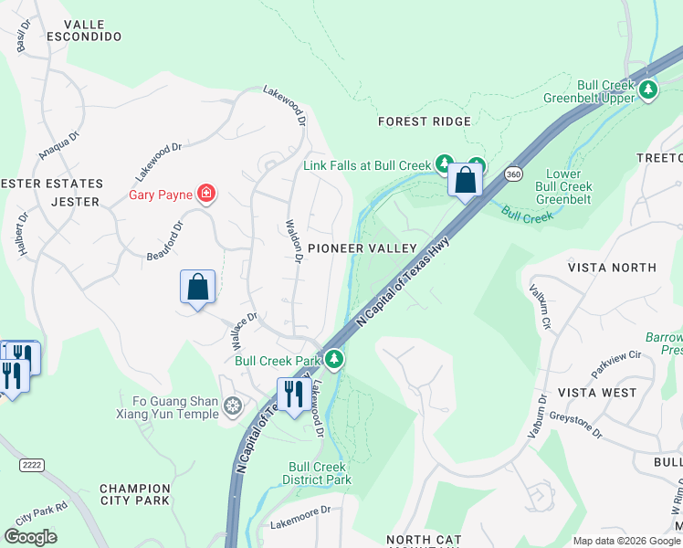 map of restaurants, bars, coffee shops, grocery stores, and more near 7407 Creekbluff Drive in Austin