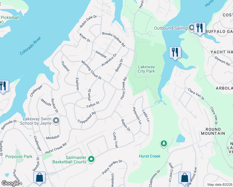 map of restaurants, bars, coffee shops, grocery stores, and more near 103 Morning Cloud Street in Lakeway