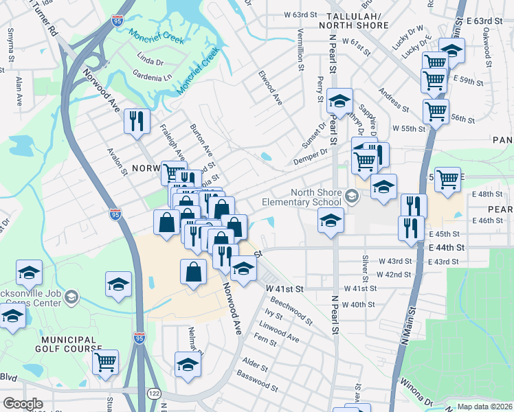 map of restaurants, bars, coffee shops, grocery stores, and more near 651 West 46th Street in Jacksonville
