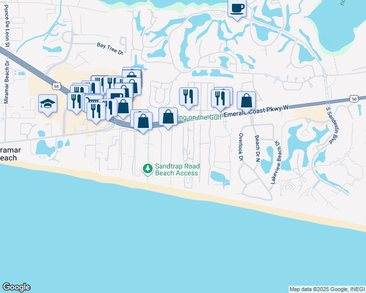 map of restaurants, bars, coffee shops, grocery stores, and more near 179 Casting Lake Road in Miramar Beach