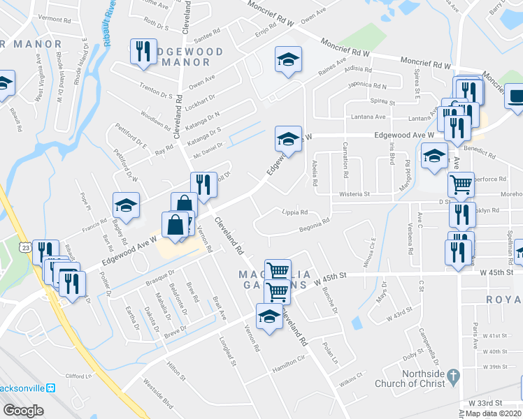 map of restaurants, bars, coffee shops, grocery stores, and more near 2929 Lippia Road in Jacksonville