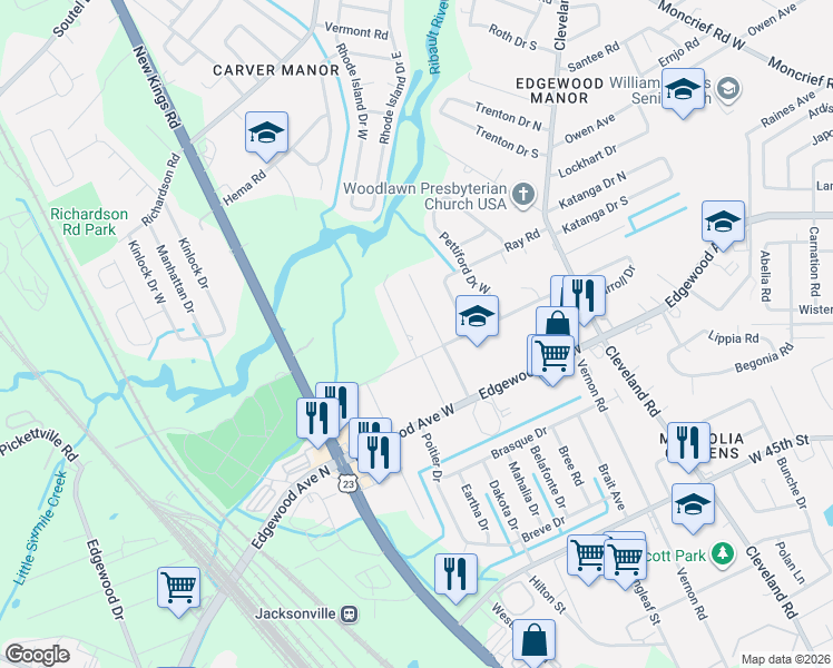map of restaurants, bars, coffee shops, grocery stores, and more near 6121 Pope Place in Jacksonville