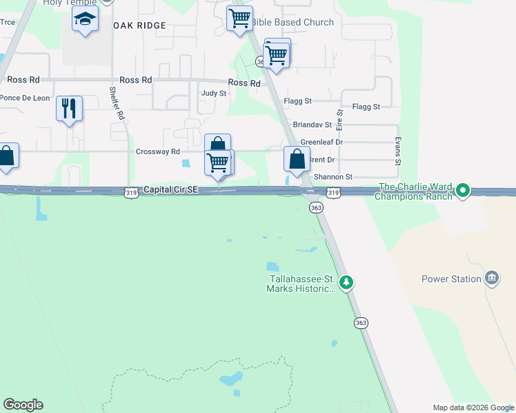 map of restaurants, bars, coffee shops, grocery stores, and more near Capital Circle Southeast in Tallahassee