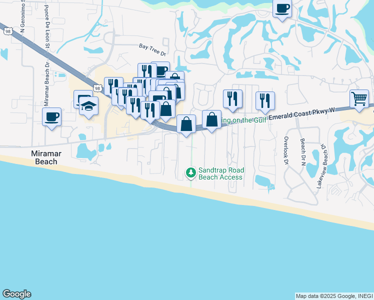 map of restaurants, bars, coffee shops, grocery stores, and more near 100 Spyglass Road in Miramar Beach