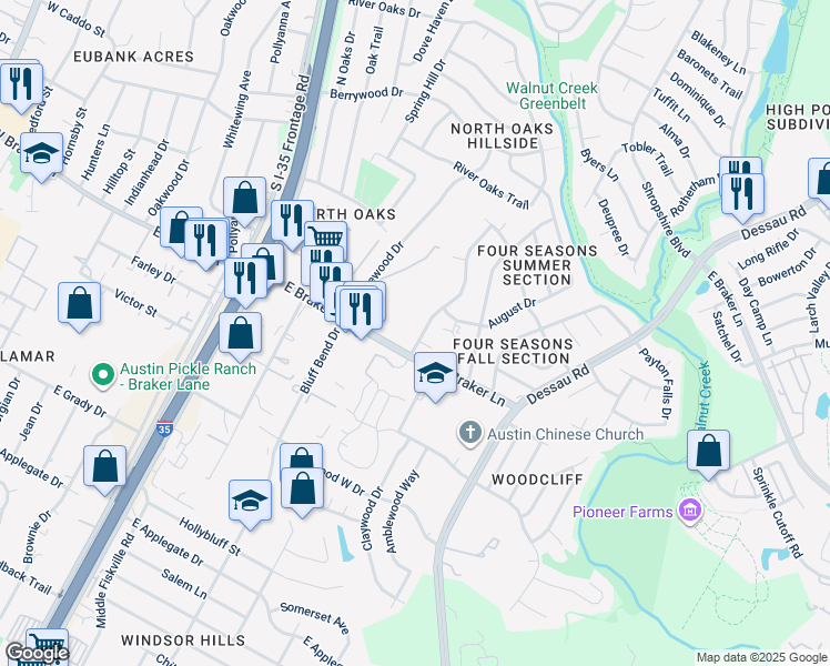 map of restaurants, bars, coffee shops, grocery stores, and more near 11308 Walnut Ridge Drive in Austin