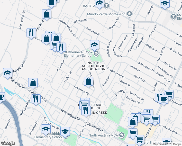 map of restaurants, bars, coffee shops, grocery stores, and more near 9907 Oak Hollow Drive in Austin