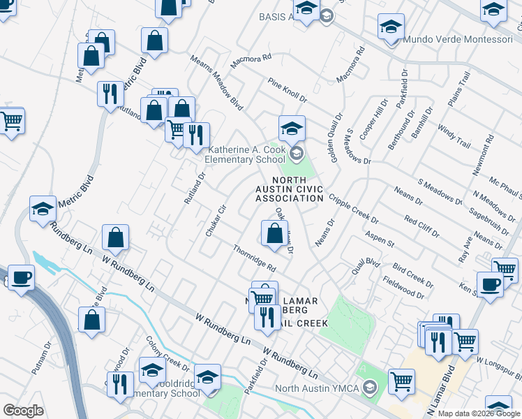 map of restaurants, bars, coffee shops, grocery stores, and more near 9807 Mountain Quail Road in Austin