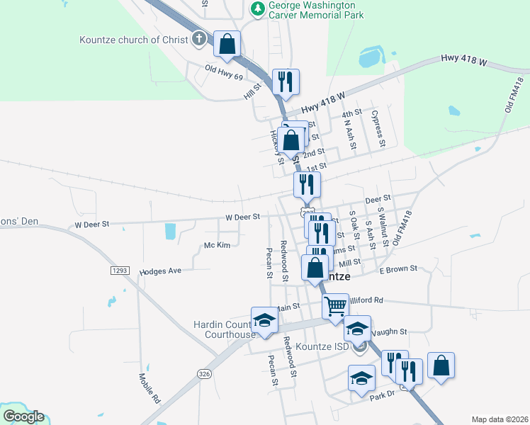map of restaurants, bars, coffee shops, grocery stores, and more near 410 West Deer Street in Kountze