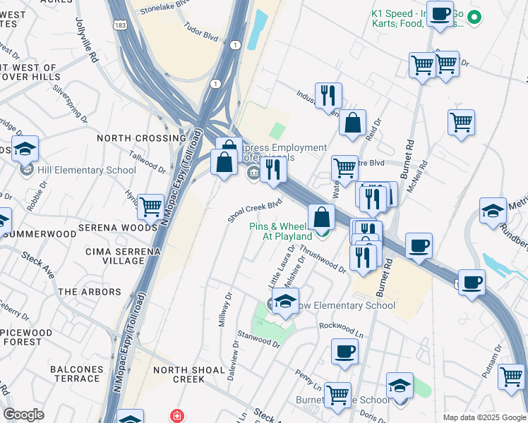 map of restaurants, bars, coffee shops, grocery stores, and more near 3210 Mossrock Drive in Austin