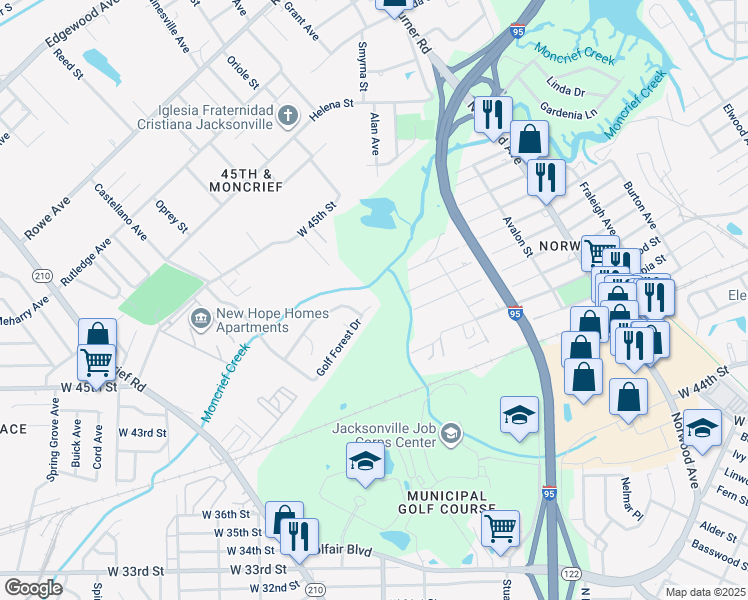 map of restaurants, bars, coffee shops, grocery stores, and more near 1492 Golf Forest Drive in Jacksonville