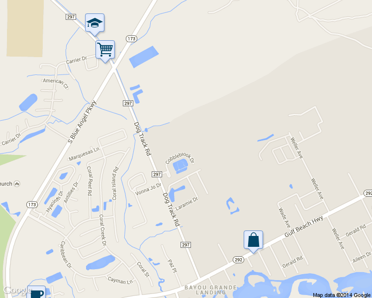 map of restaurants, bars, coffee shops, grocery stores, and more near 9636 Cobblebrook Drive in Pensacola