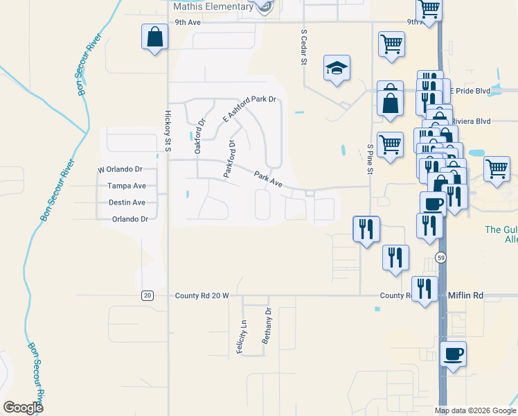 map of restaurants, bars, coffee shops, grocery stores, and more near 2701 Hampton Park Circle in Foley